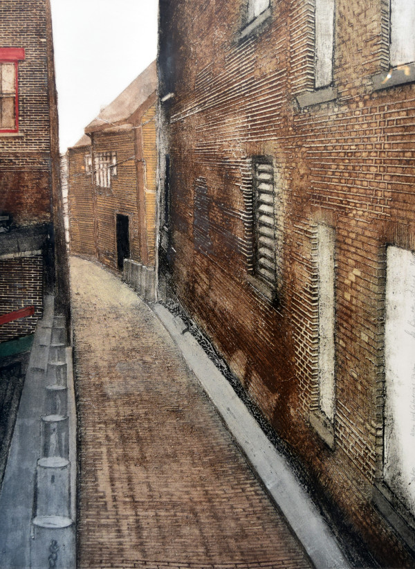 Alleyway with cylindrical posts by Grace Bentley-Scheck