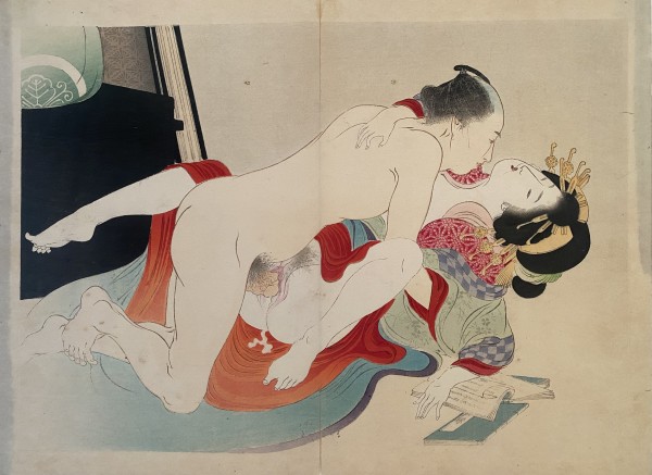 Woman in epic clothes, naked man