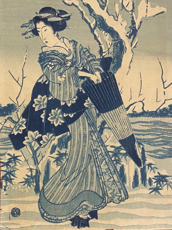 Blue wash: woman with a parasol