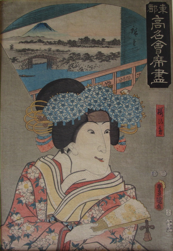Shoulders and head of a red robed woman with blue flowers in hair by Artist Toyokimi