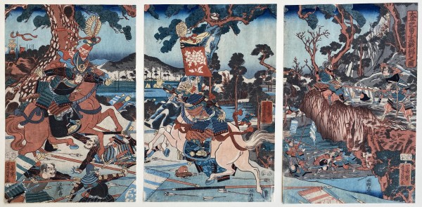 Left: War, Center: Two men on horse charge each other