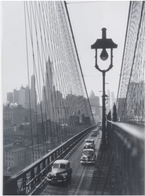 New York Harbor, Looking Toward Manhattan from the Footpath on Brooklyn Bridge, October, 1946 by Esther Bubley