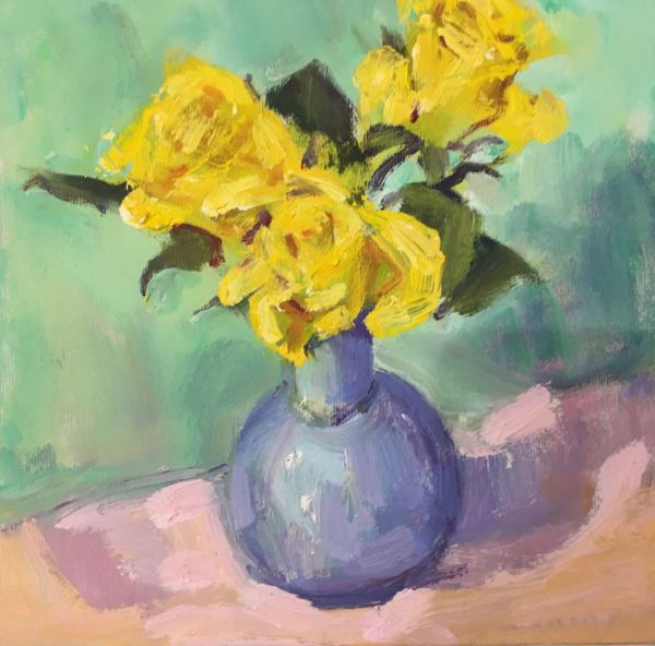 Yellow Roses in A blue Vase by Frances Knight