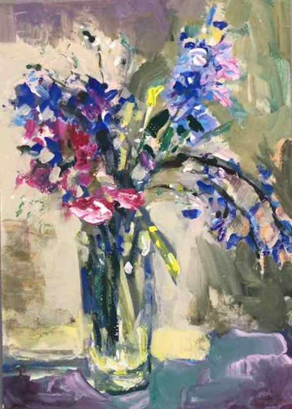 Bluebells and Pink Flowers in a Glass