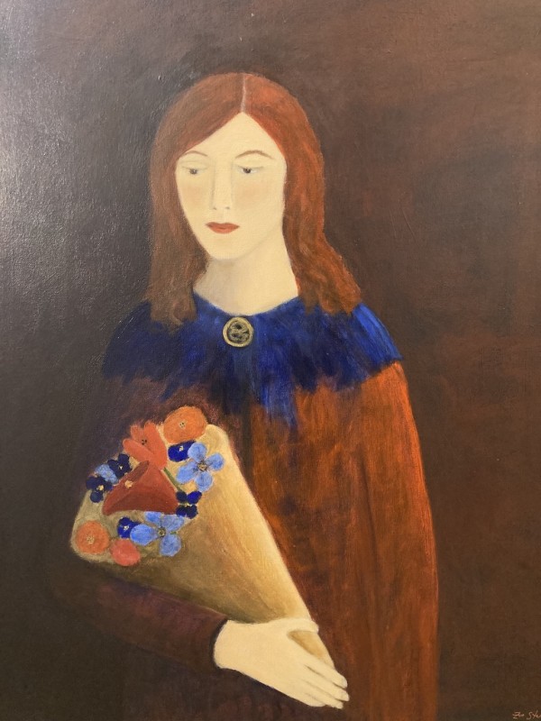 Woman in Orange Coat with Flowers by Zue Stevenson