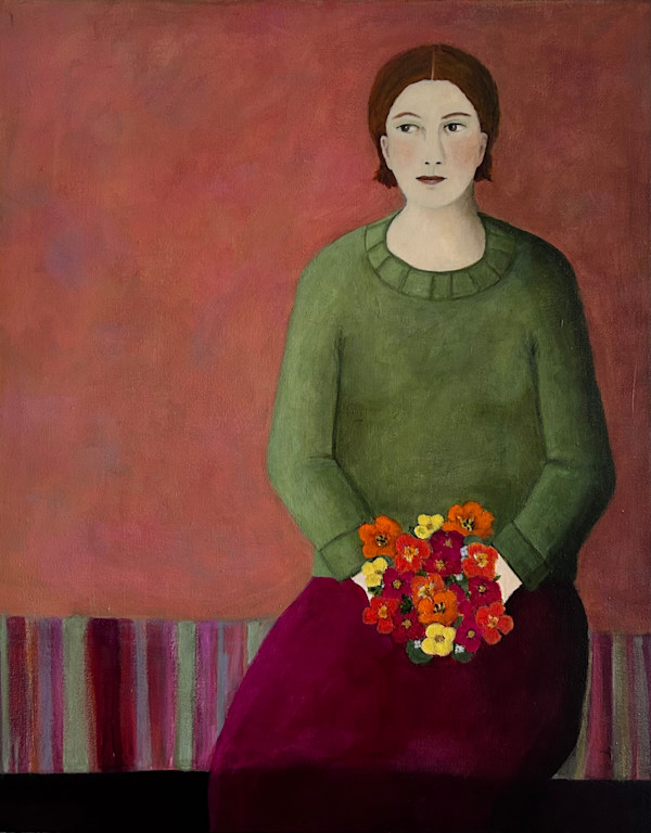 Woman on Striped Bench with Bouquet by Zue Stevenson, Image 1.