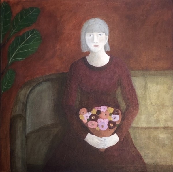 Woman on Couch Holding Flowers by Zue Stevenson