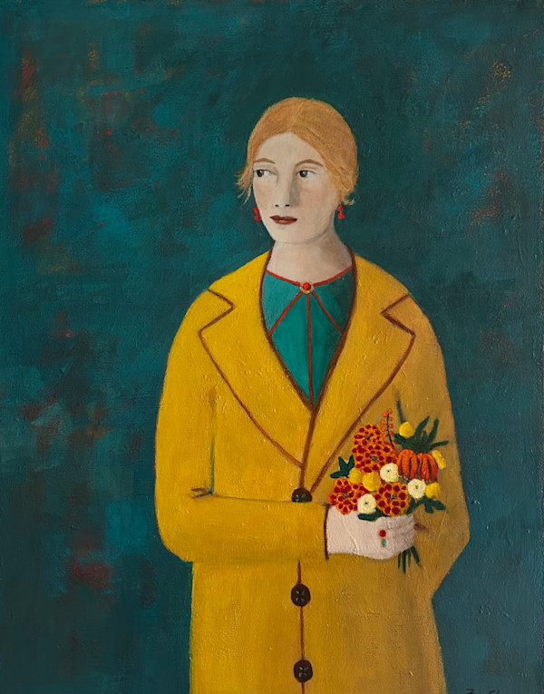 Woman in Yellow Coat with Flowers by Zue Stevenson, Image 1.