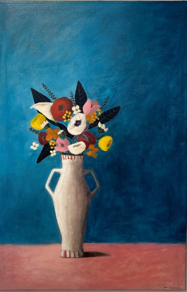 White Vase of Flowers on Blue Background by Zue Stevenson