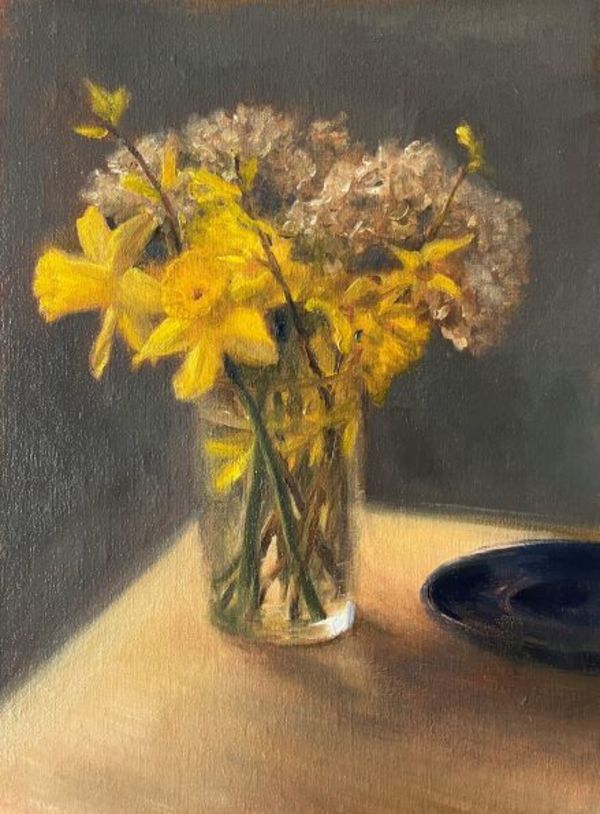 Daffodils in Golden Light (Blue Plate)