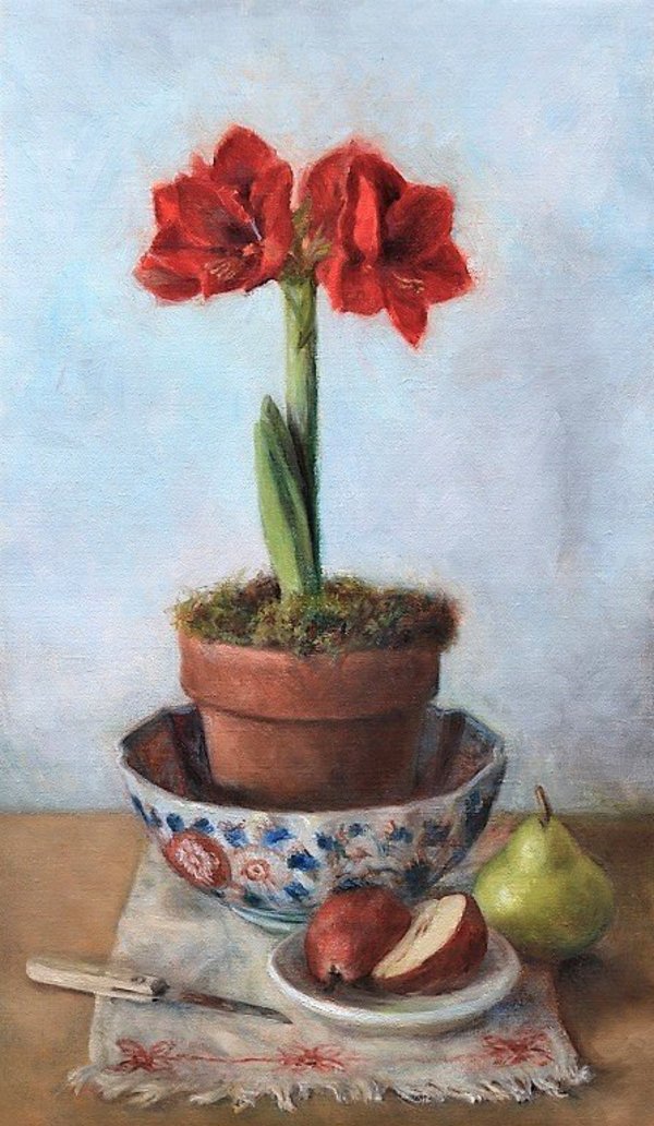 "Red Amaryllis with Pears"