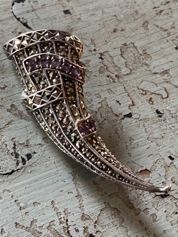 1930's ornate marcasite and amethyst rhinestone jeweled cornucopia pin