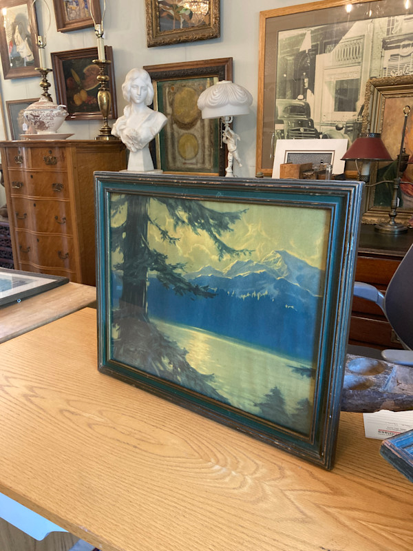 vintage framed mountain scene with moonlight lithograph