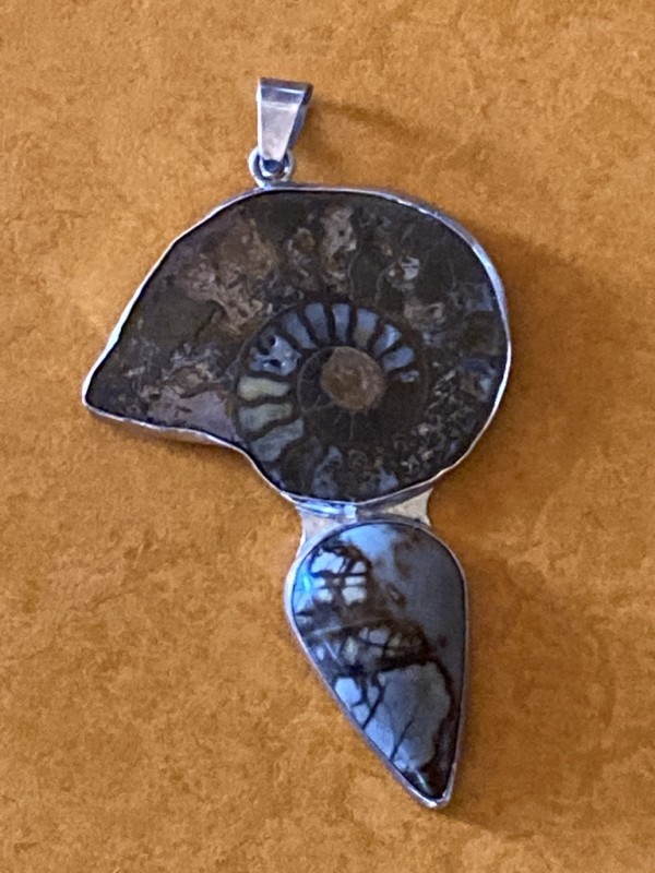 Charles Albert sterling stone and fossil pendant