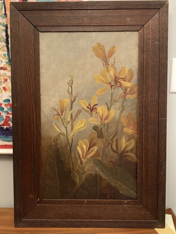 Framed original vintage painting of flowers in oak frame