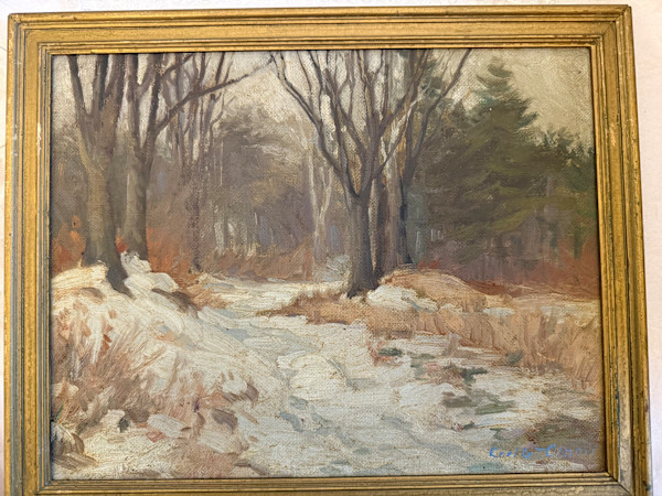 Carl G. T. Olson original oil painting on board winter road SD5