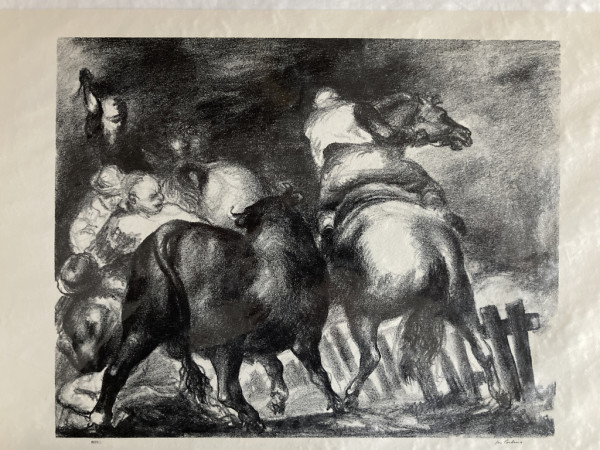 Signed 1931 lithograph "Escaped Bull" by John Corbino
