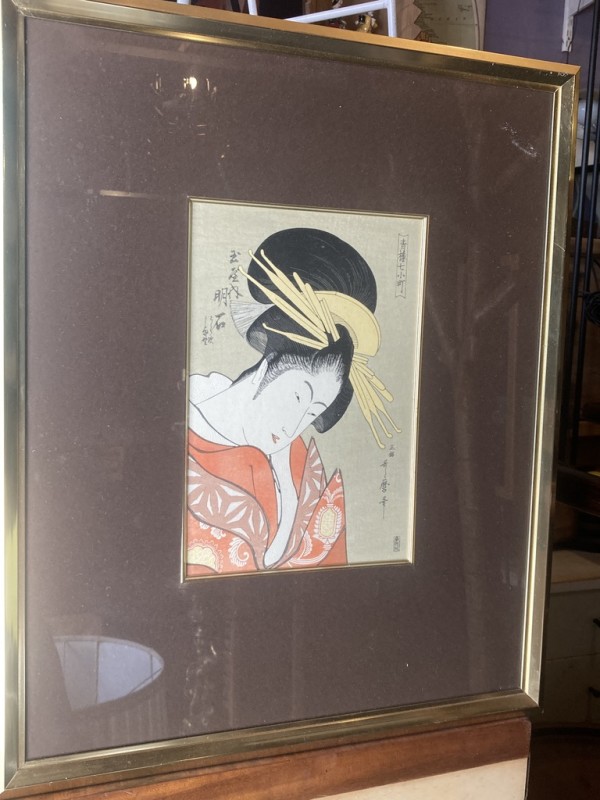 Framed Japanese Geisha woodblock by Kitagawa Utamaro