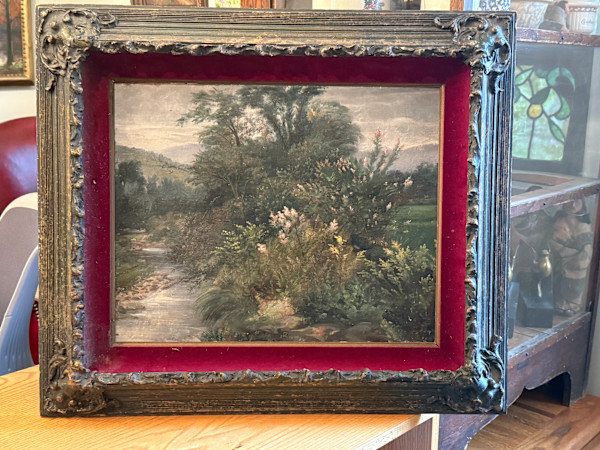 Peter Roos original painting on board landscape with pink flowers  #83