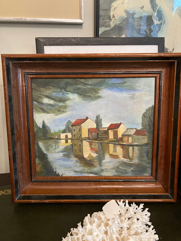 Original painting of river and buildings on board