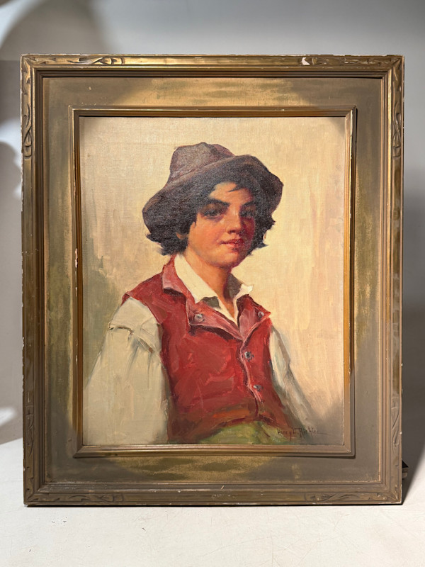 framed painting of boy with hat by Henry L. Richter