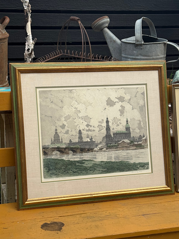 Framed hand colored etching