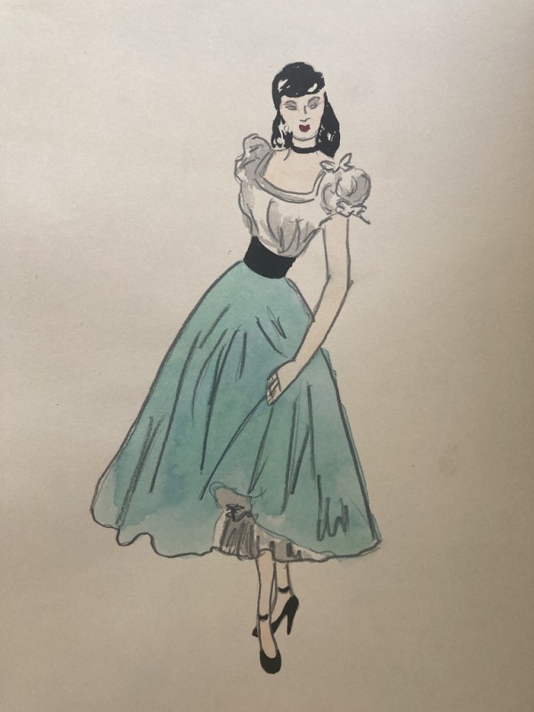 Original 1940's fashion watercolor with turquoise skirt
