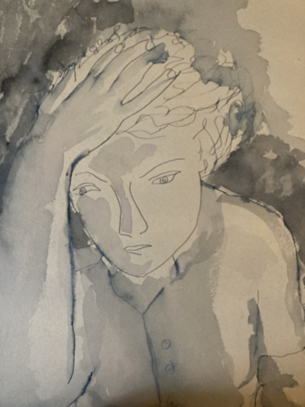 Original watercolor woman holding her head