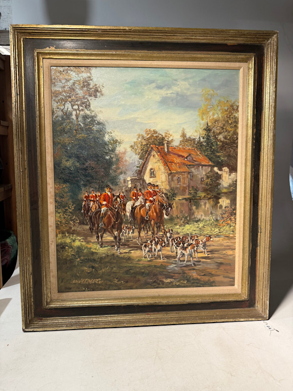 Original painting of fox hunt with horses and hounds by Herbert Isenberg