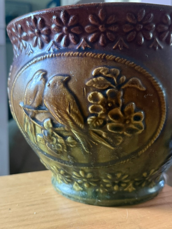 Jardiniere with love birds A.E. Hull