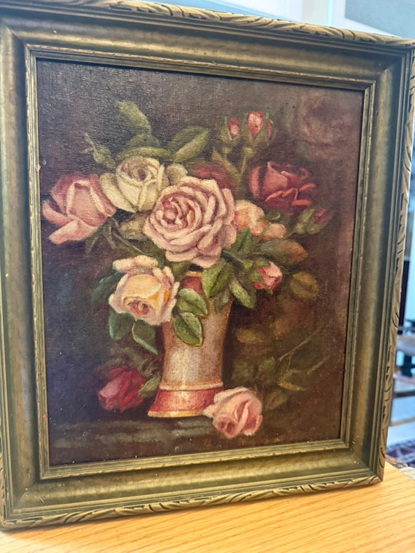 framed vintage painting of roses