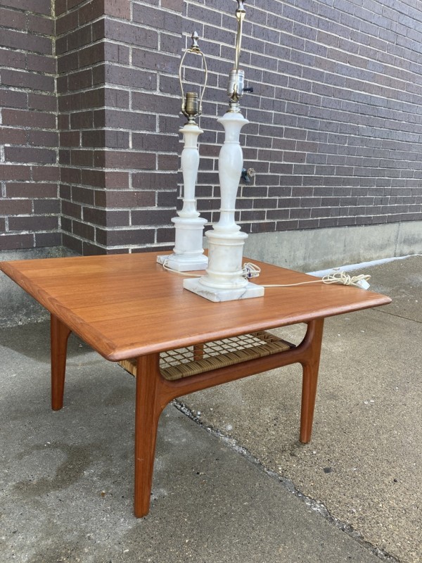 Danish teak table with caned base