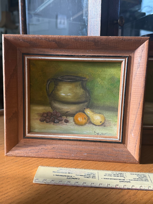 small painting of pear, orange and grape