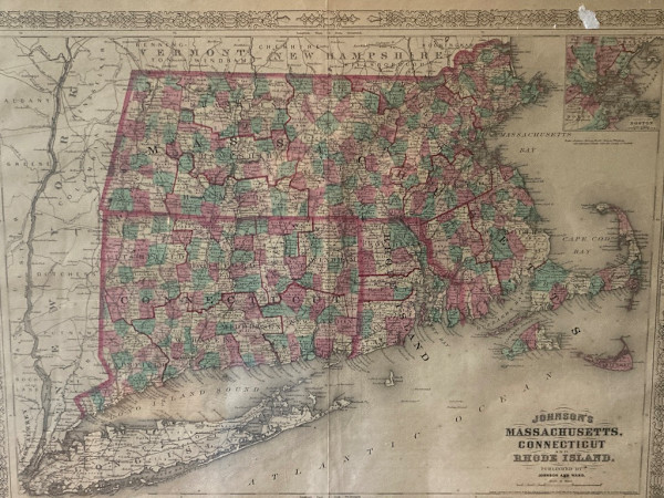 SHRINKWRAPPED 1864 map of Massachusetts