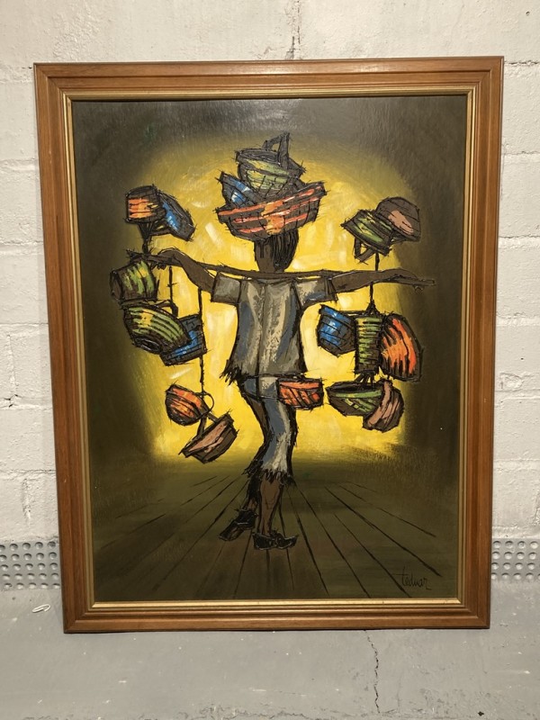 Large mid century modern oil painting of man and baskets