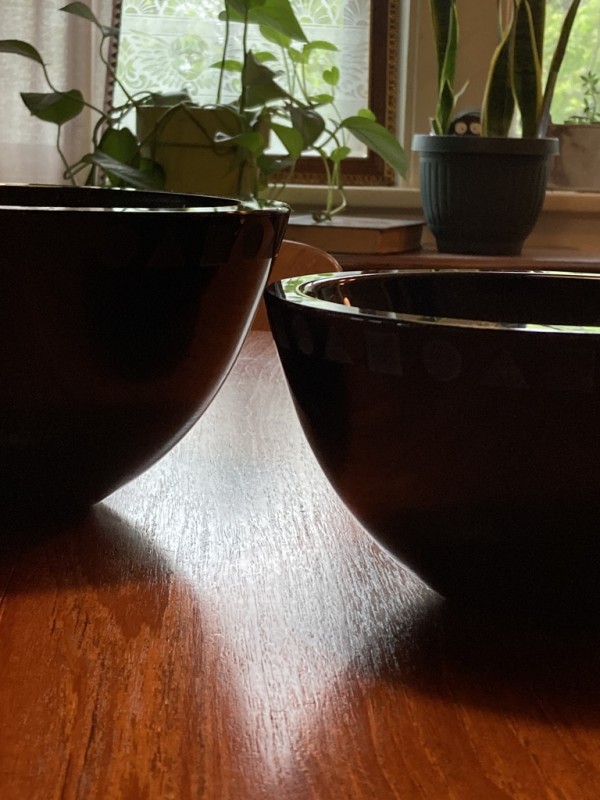 large Vintage Sasaki Black glass bowl with geometric shapes