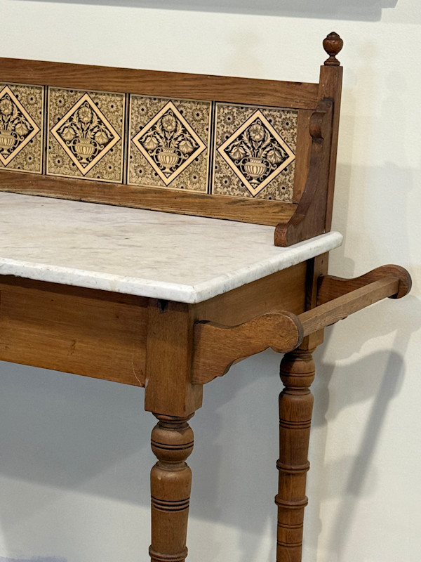 English and Arts and Crafts marble top server with a tile back splash, Image 1.