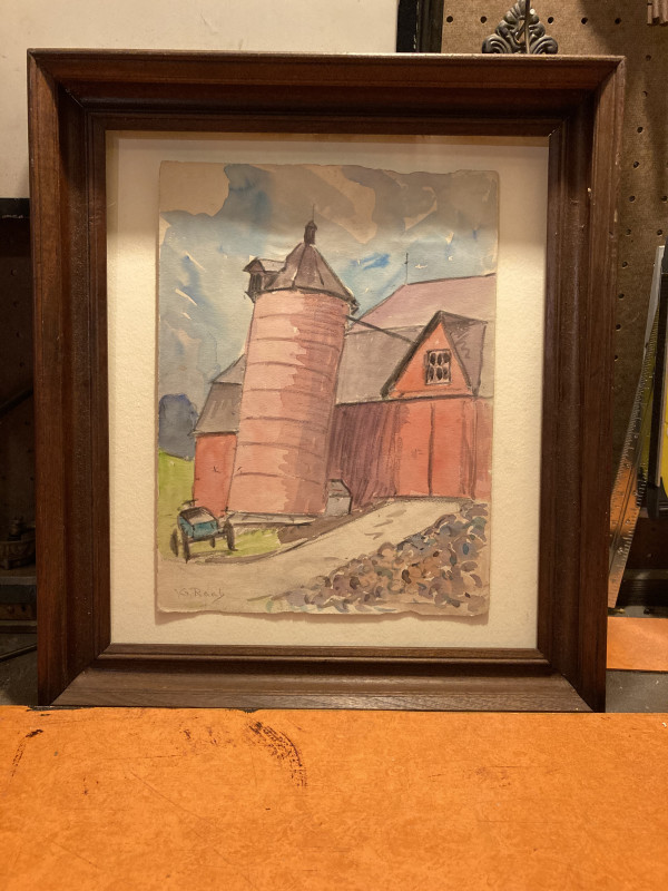 Framed signed George Raab watercolor red silo