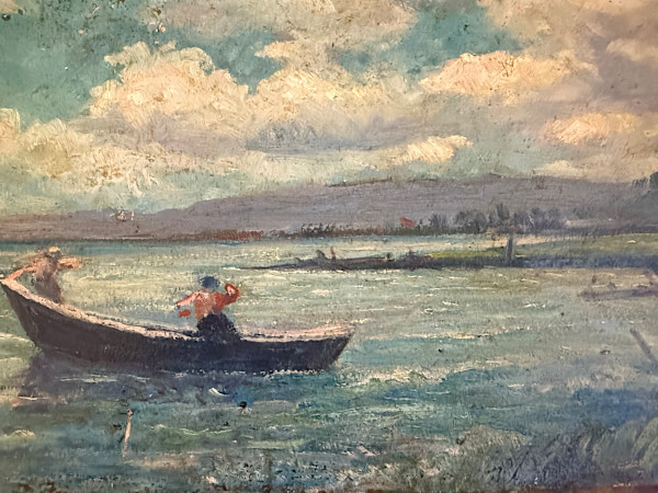 Carl G. T. Olson original oil painting on board boys in a boat SD17