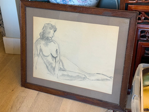 Original vintage nude drawing of reclining woman, Image 1.