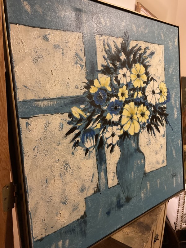 Framed painting of blue and yellow flowers