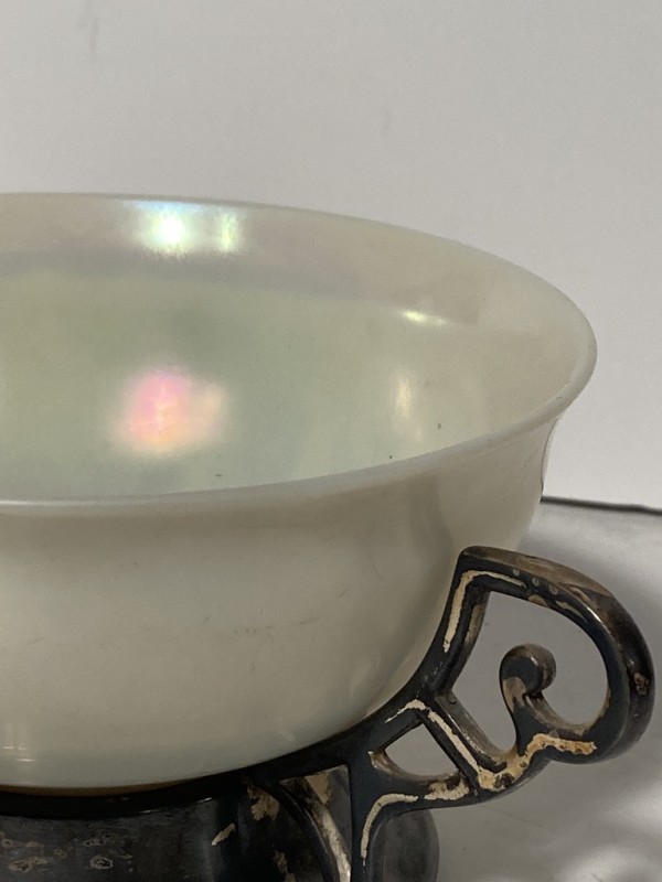 Steuben aurene bowl in original silver plate holder
