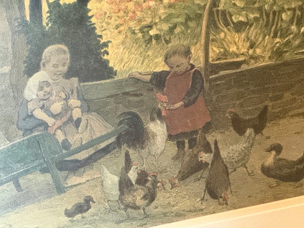 Framed lithograph of kids and chickens