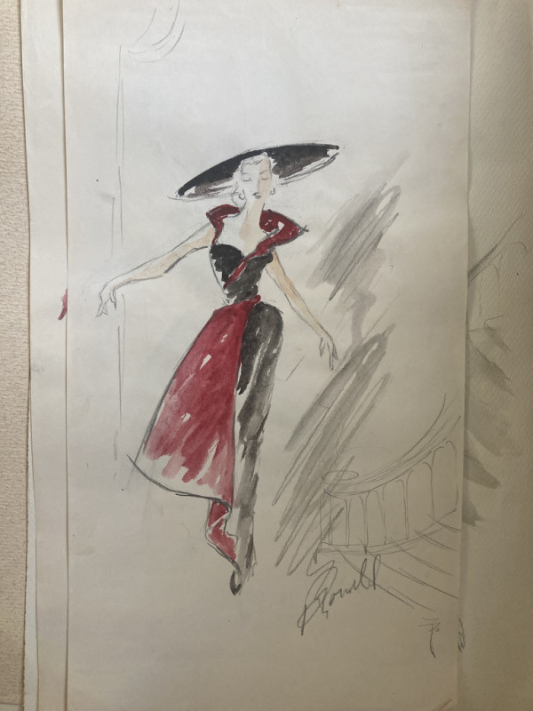 1940's original fashion watercolor with Red dress and black hat