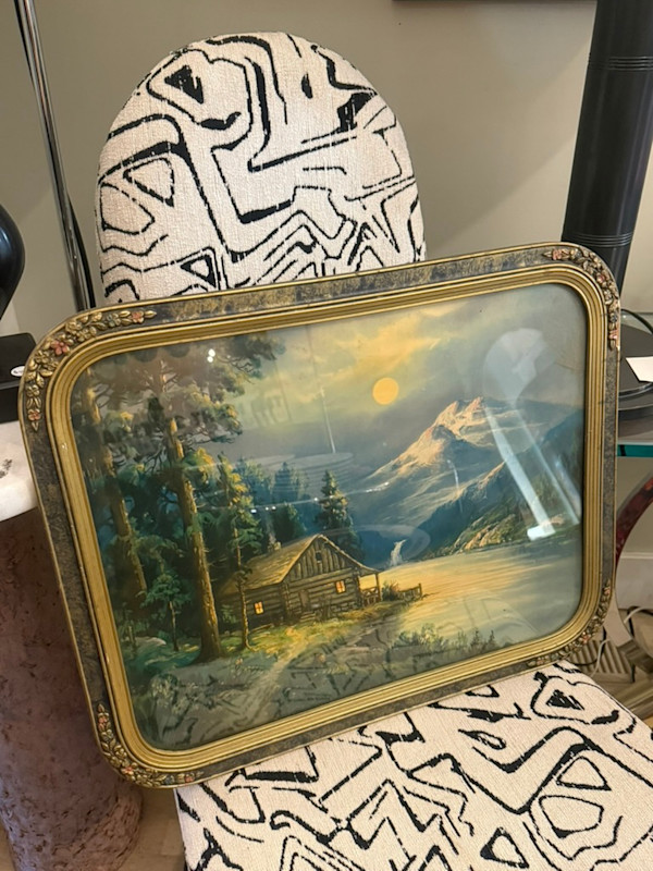 Framed vintage lithograph of cabin and mountains, Image 1.