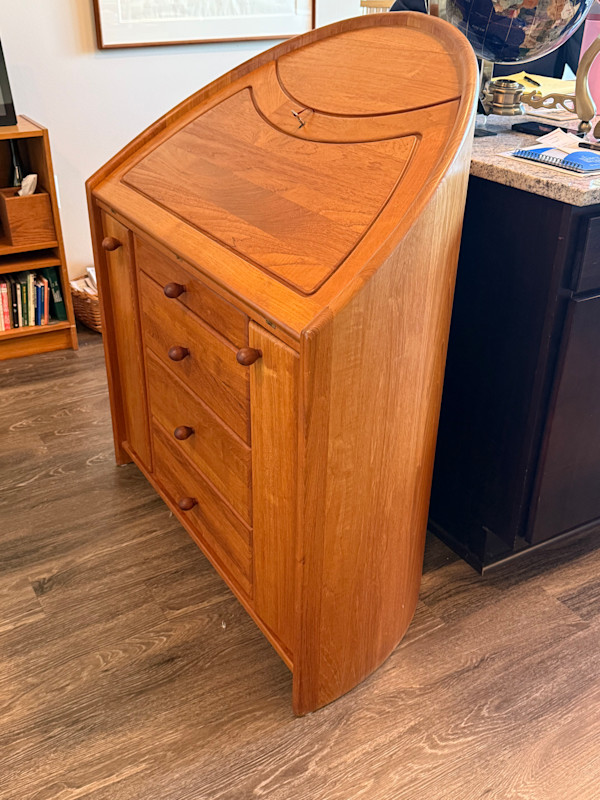 Danish solid teak rounded drop front desk