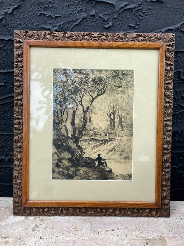Framed drawing of man fishing