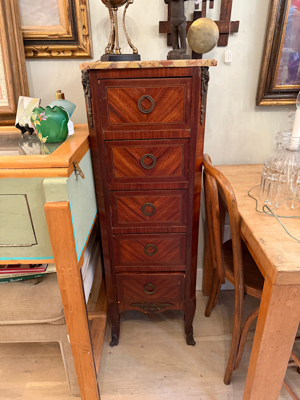 pair of marble top French cabinets with multi drawers