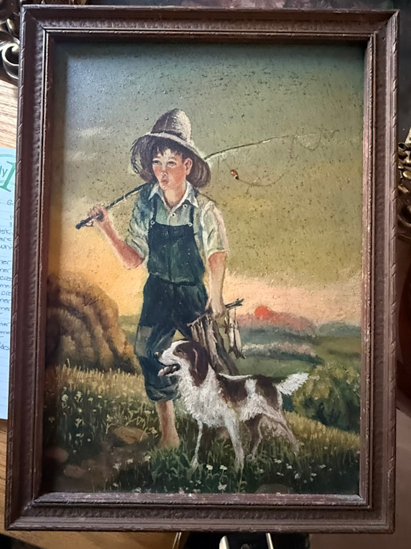 boy with his dog going fishing painting on board
