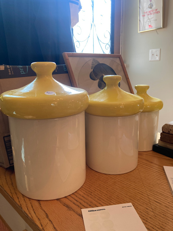 Set of 3 white and yellow cannisters